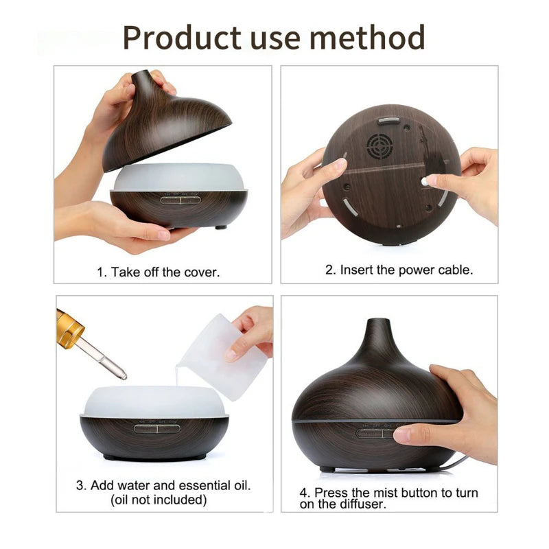 Premium 550ml Wood Grain USB Aroma Diffuser, Essential Oil Humidifier with 7 LED Colors & Remote Control