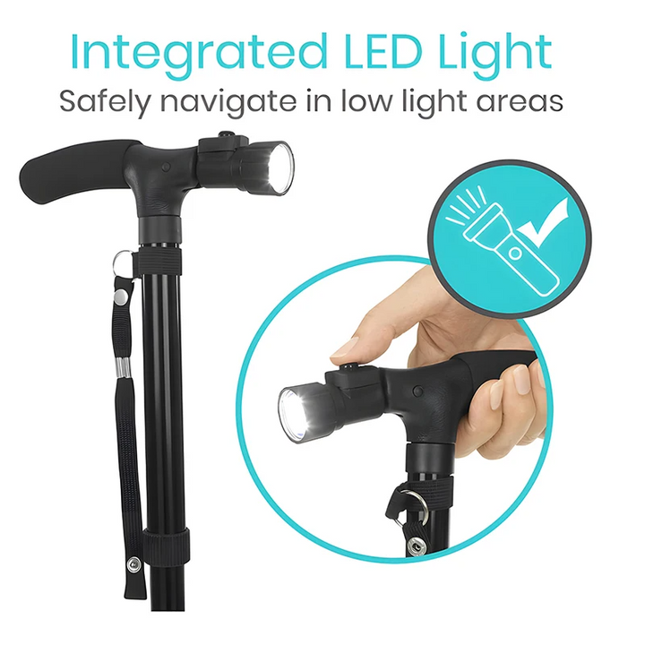Premium Collapsible Telescopic Cane with LED Light & Alarm – Adjustable Elder Walking Stick with 4-Feet Base for Stability, 