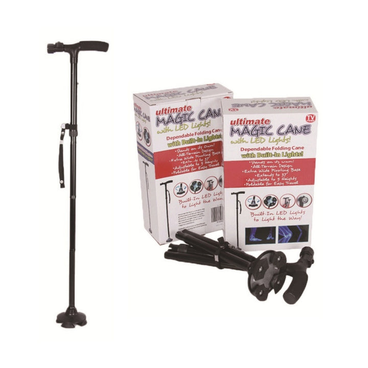 Premium Collapsible Telescopic Cane with LED Light & Alarm – Adjustable Elder Walking Stick with 4-Feet Base for Stability, 
