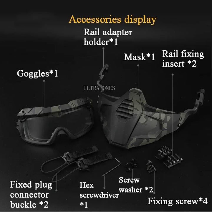 Premium Tactical FAST Helmet Half Face Mask with Flip Goggles – Hunting, Airsoft, Paintball Mask, Helmet Accessories for 