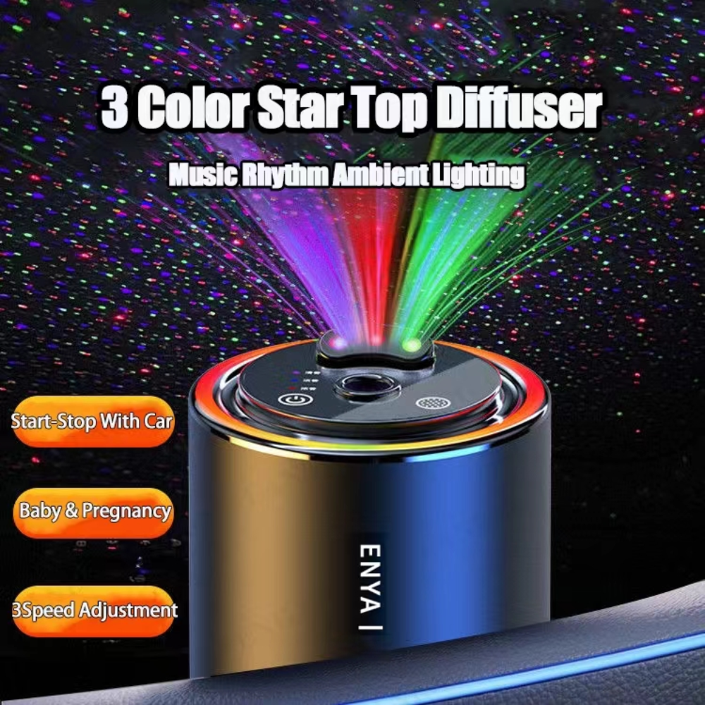 Premium 3-in-1 Car Air Freshener – Aromatherapy Essential Oil Diffuser with Adjustable Starry Sky Light, Music Rhythm Display