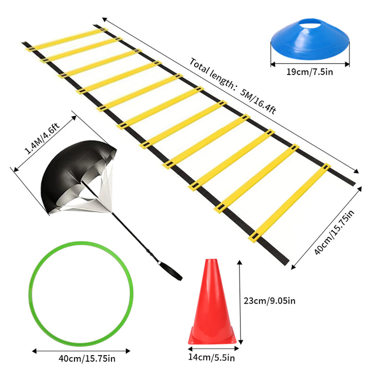 Premium Soccer Speed & Agility Training Set – 19.6ft Agility Ladder, Marking Disks, Training Cones & Parachute for Football