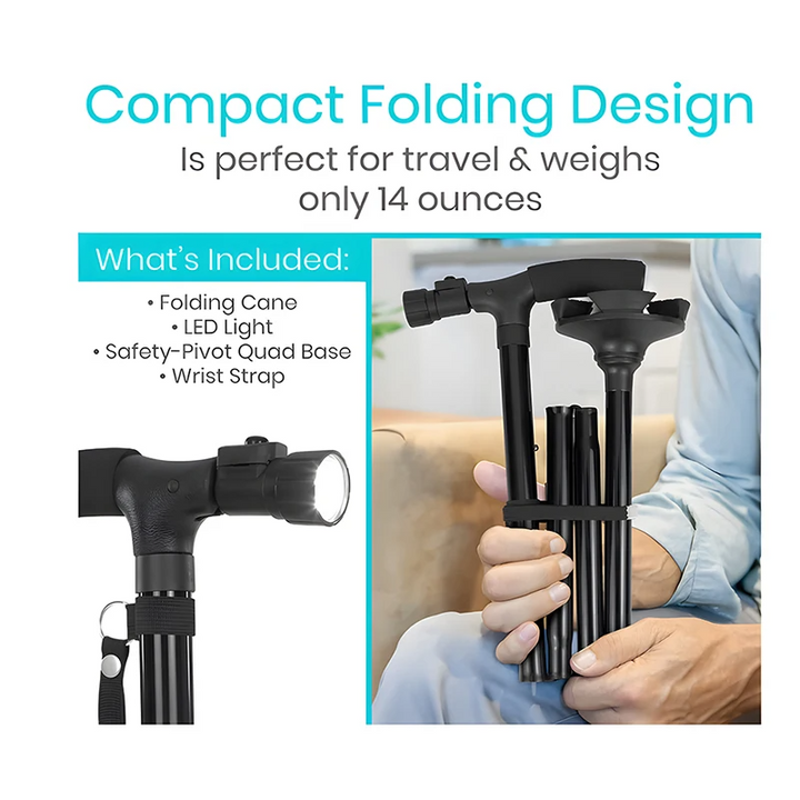 Premium Collapsible Telescopic Cane with LED Light & Alarm – Adjustable Elder Walking Stick with 4-Feet Base for Stability, 