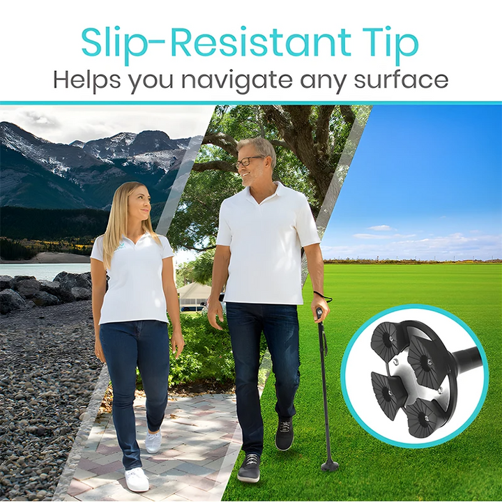 Premium Collapsible Telescopic Cane with LED Light & Alarm – Adjustable Elder Walking Stick with 4-Feet Base for Stability, 