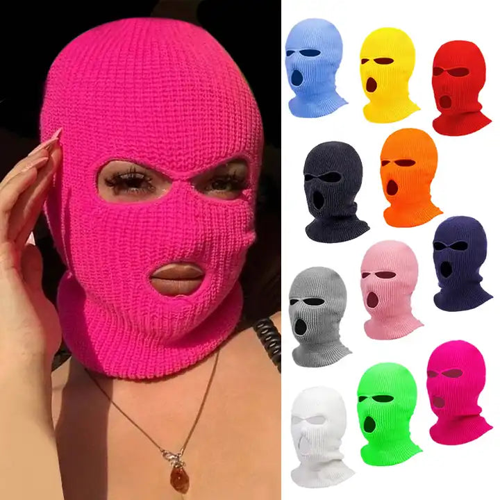 Premium Windproof Full Face Ski Mask – Men’s Wool Balaclava with 3 Holes, Warm Knit Winter Hat, Custom Embroidery, 16 Color